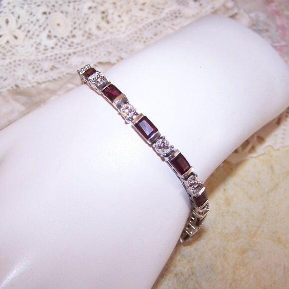 FAS Sterling Silver Garnet Diamond Tennis Bracelet - 7.25" Wearable Length - Picture 3 of 7